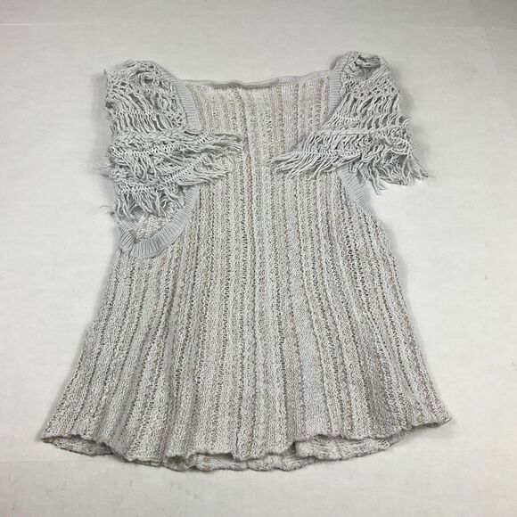 Free People Open Knit Boho Top Gray Short Sleeve Crochet Trim Festival Shirt S - Picture 10 of 11